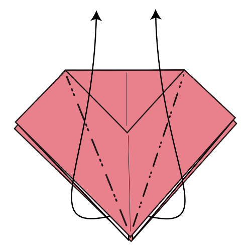 The square base opening into a tall diamond midway through the petal fold.